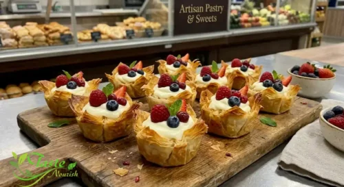 Baked filo pastry sheet cups filled with cream cheese and fresh berries