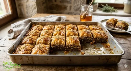 Freshly baked Greek baklava in a pan with golden phyllo layers