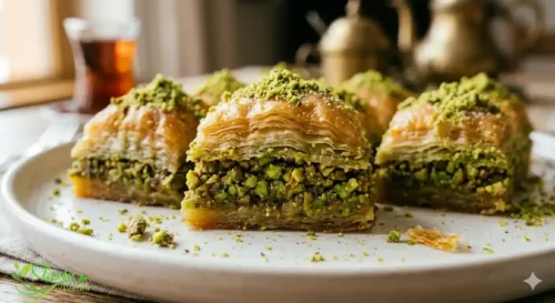 Golden pistachio baklava pieces arranged on a white plate with crushed pistachios on top
