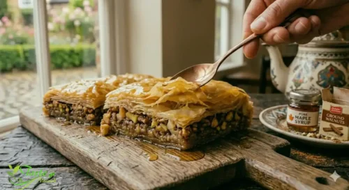 Greek-style vegan baklava made with walnuts, cinnamon, and maple syrup — dairy-free and honey-free