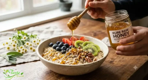 Healthy breakfast bowl with oats, fruit, and raw honey drizzle — natural sweetener alternative to sugar