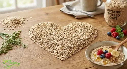 Heart shape made from rolled oats representing the heart health benefits of oats