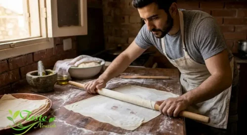 Home cook rolling homemade filo pastry sheet dough with a long rolling pin