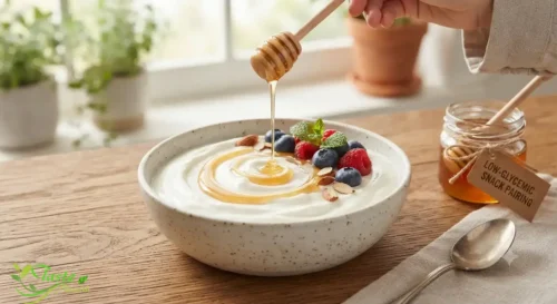 Honey drizzled over Greek yogurt as a low-glycemic snack pairing