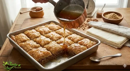 Hot honey syrup being poured over freshly baked walnut baklava in a pan