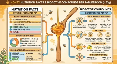 Infographic showing honey nutrition facts and bioactive compounds per tablespoon