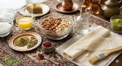 Ingredients for Persian baklava including almonds, rose water, cardamom, saffron, and phyllo dough