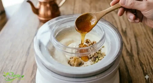 Ingredients for homemade baklava ice cream including phyllo dough honey walnuts and pistachios