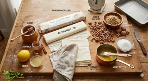 Ingredients for homemade walnut baklava including phyllo dough, walnuts, butter, and honey