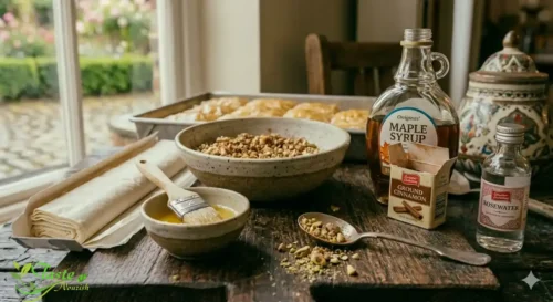Ingredients for vegan baklava including phyllo dough, mixed nuts, vegan butter, maple syrup, cinnamon, and rosewater