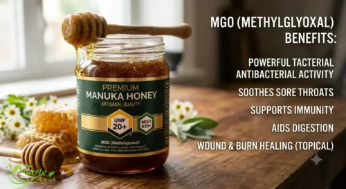 Jar of Manuka honey with UMF rating label — premium honey with antibacterial methylglyoxal MGO