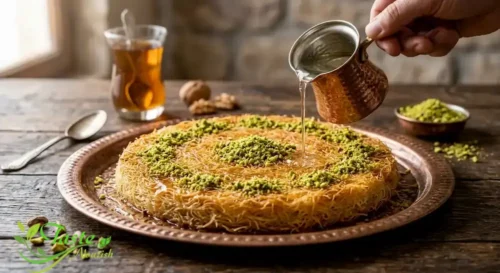 Traditional kunafa kanafeh being soaked in rosewater sugar syrup garnished with crushed pistachios