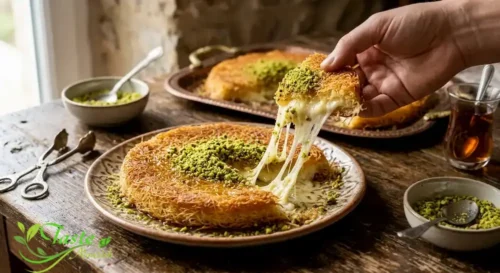 Warm kunafa knafeh being pulled apart revealing melted cheese filling with pistachio toppin