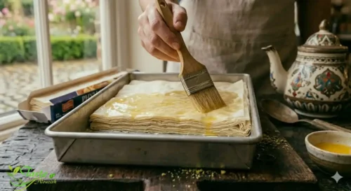 Layering phyllo dough sheets with vegan butter for homemade vegan baklava