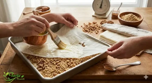 Layering phyllo dough with walnut filling to make traditional walnut baklava