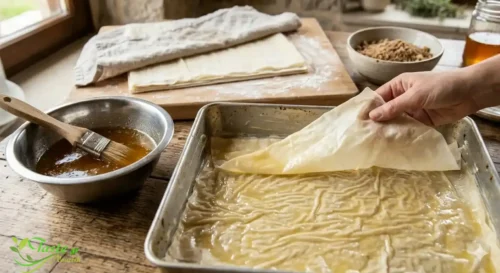 Layering thin phyllo dough sheets with melted butter for Greek baklava