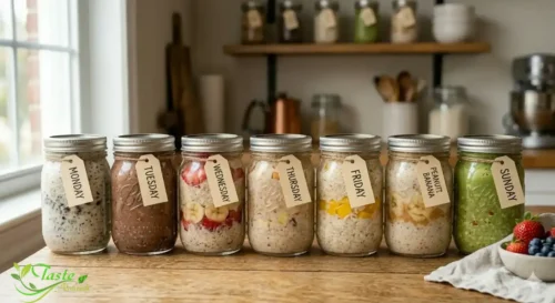Meal prep overnight oats jars lined up for a full week of breakfasts