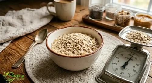 Measured 40 gram serving of dry oats in a bowl