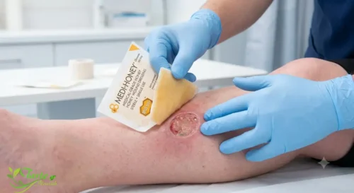 Medical-grade honey dressing applied to wound for antibacterial healing and tissue regeneration