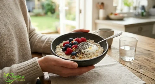 Morning bowl of oats with Greek yogurt and chia seeds for sustained energy
