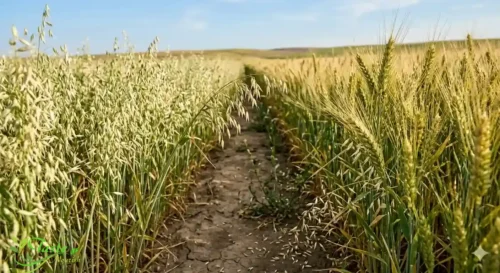 Oat field growing near wheat field showing cross-contamination risk