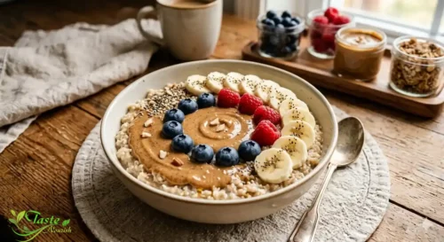 Oatmeal topped with banana, berries, and nut butter