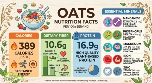 Oats nutrition facts infographic showing calories, fiber, protein, and minerals per 100g serving