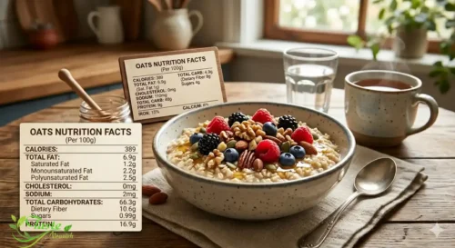 Oats nutrition facts per 100g showing calories protein fiber carbohydrates and fat