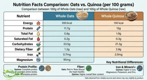 Oats vs quinoa nutrition facts comparison chart per 100 grams