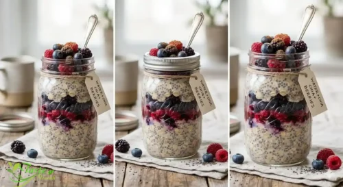 Overnight oats in a mason jar made with water, chia seeds, and berries
