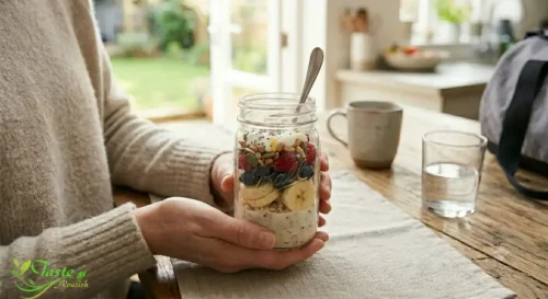Overnight oats in mason jar with milk and fruit, easy grab-and-go breakfast