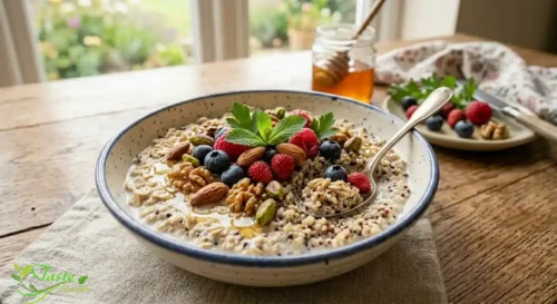 Overnight oats mixed with cooked quinoa, berries, and nuts