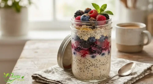 Overnight oats with chia seeds and berries in glass jar
