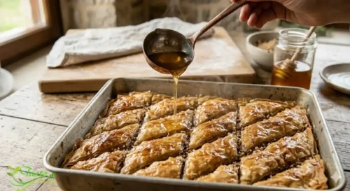 Pouring honey syrup over hot Greek baklava fresh from the oven