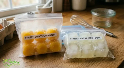 Properly labeled freezer bags containing frozen egg whites and egg yolks