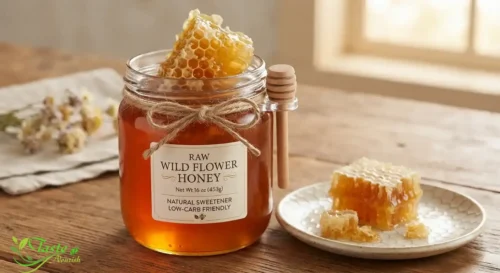 Raw honey jar with honeycomb, a low-carb natural sweetener