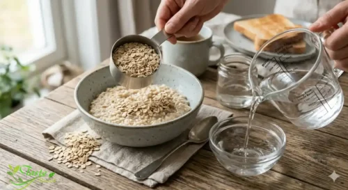 Rolled oats and water being measured for dairy-free oatmeal recipe