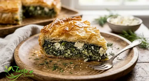 Slice of spanakopita showing crispy filo pastry sheets filled with spinach and feta