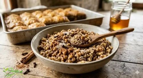 Spiced walnut filling with cinnamon and cloves for authentic Greek baklava