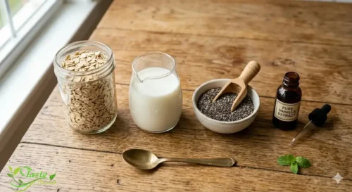 Step-by-step overnight oats ingredients laid out rolled oats, milk, chia seeds, vanilla