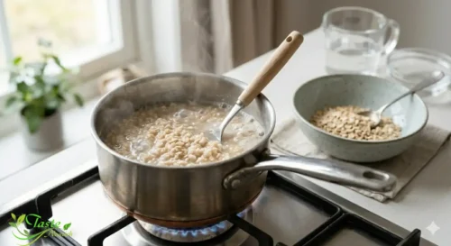 Stovetop saucepan simmering oatmeal cooked in water without milk
