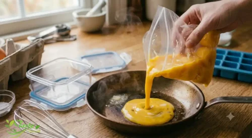 Thawed frozen eggs poured into pan ready for cooking