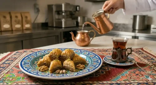 Turkish baklava served with Turkish tea on ornate plate