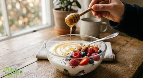 Using honey as a natural sweetener over yogurt — healthy honey serving suggestion