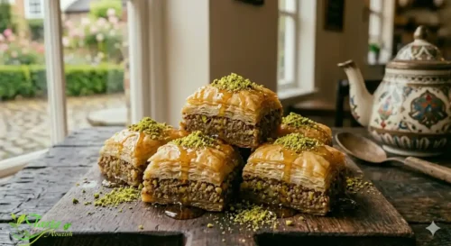 Ingredients for vegan baklava including phyllo dough, mixed nuts, vegan butter, maple syrup, cinnamon, and rosewater