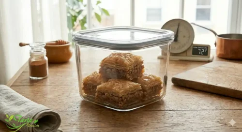Walnut baklava stored in an airtight container at room temperature