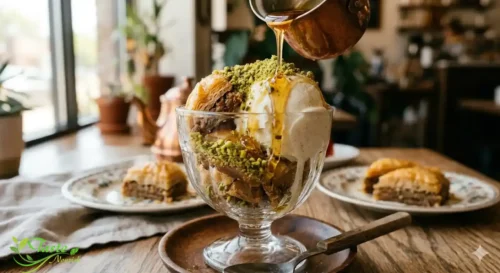 Warm honey drizzled over vanilla ice cream and crispy baklava layers