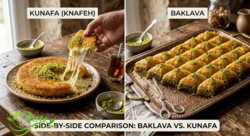 Baklava vs kunafa side by side comparison of two iconic Middle Eastern desserts