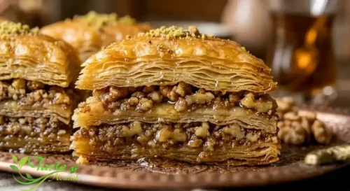 layered baklava phyllo pastry with crushed walnut and honey syrup