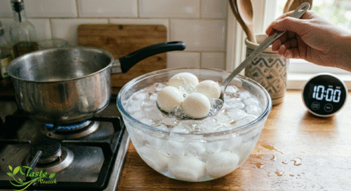 eggs in ice bath to stop cooking after boiling